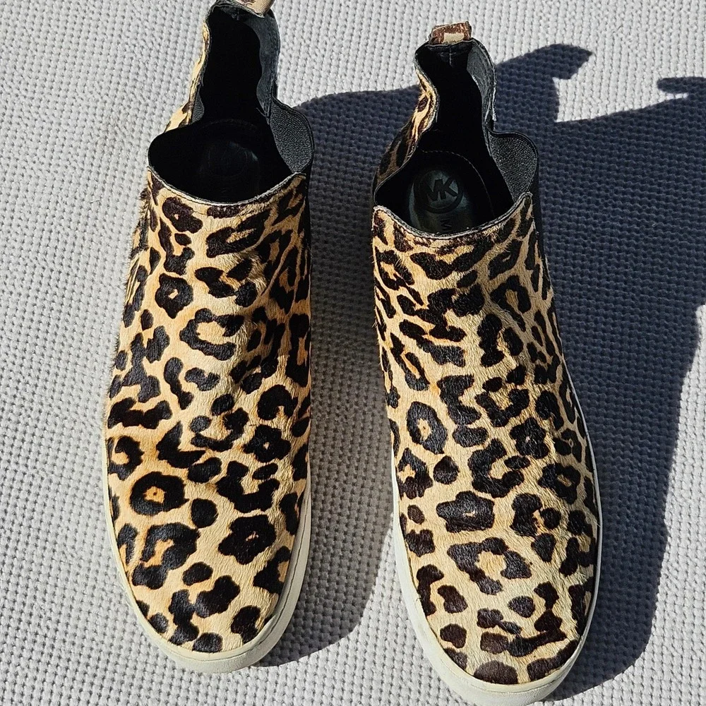 Michael Kors Womens 11M Leopard Calf Hair High Top Chelsea Sneakers CY15D Tan